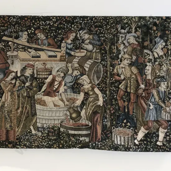 Medieval Style Tapestry Wall Hanging of Wine Making Scene