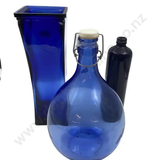 Blue Glass Vase and Two Blue Glass Bottles