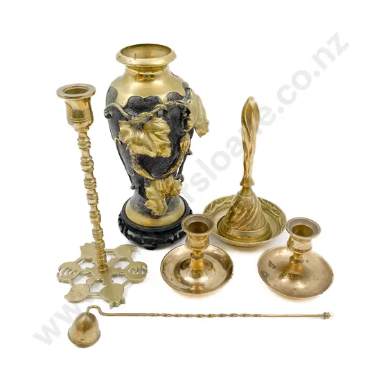 Small Qty of Brassware Including Vase and Pair of Candle Holders