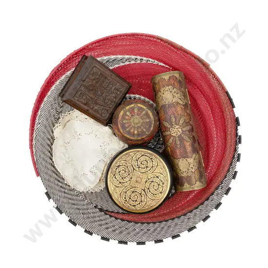 Four Assorted Trinket Boxes and Woven Fruit Bowl