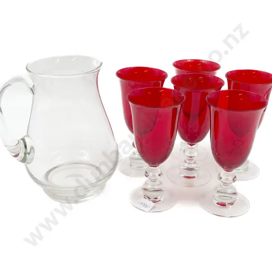 Six Ruby Glass Goblets Together With Glass Jug