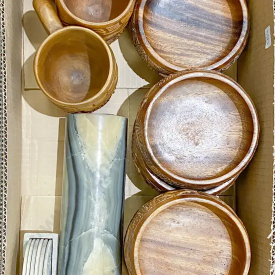 Qty of Assorted Including Wooden Bowls and Hardstone Vase