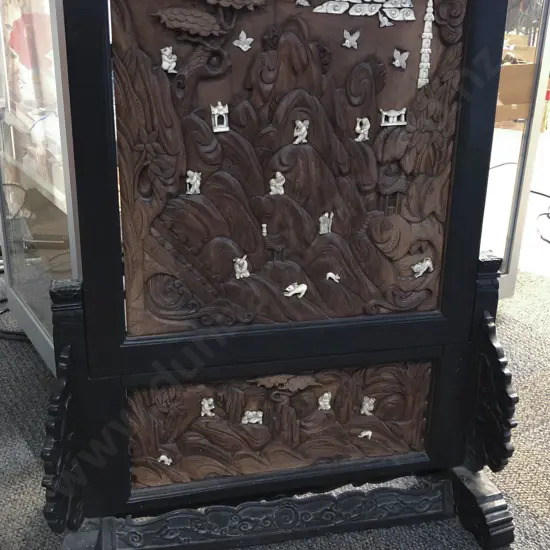 Carved Asian Screen with Applied Ivory Carvings