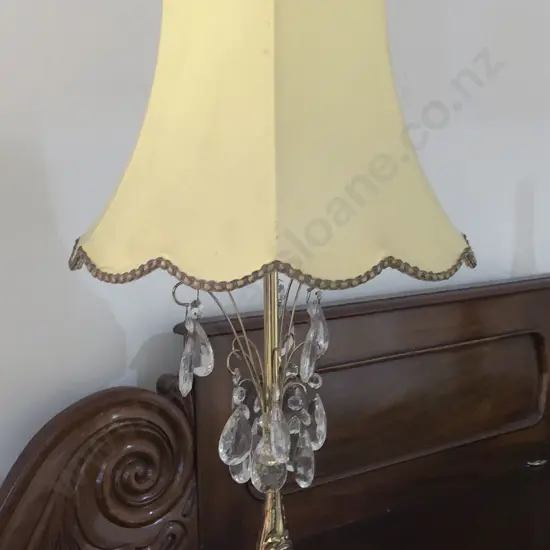 Ornate Brass Table Lamp and Shade with Crystal Droplet Decoration