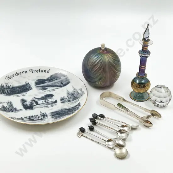 Small Lot of Assorted Including Art Glass and S/S Tea Spoons