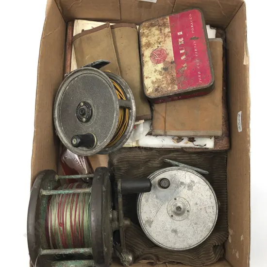 Three Vintage Fishing Reels and Collection Flies