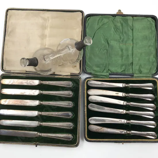 Two Cased S/S Handled Knife Sets with S/S Mounted Condiment Bottle
