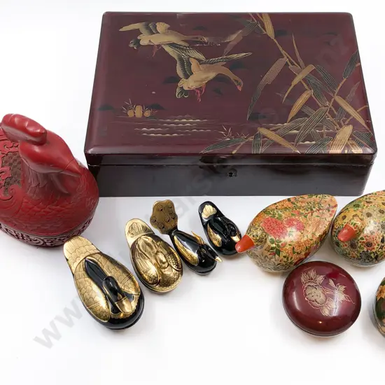 Lacquered Box Together with Assorted Bird Boxes Etc
