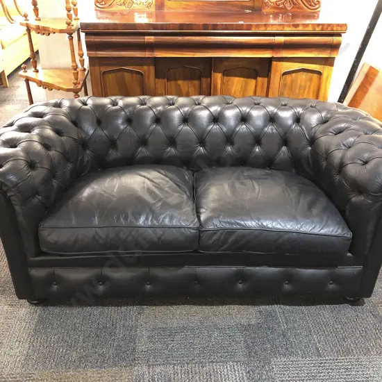 Leather Button Back Roll Arm Sofa