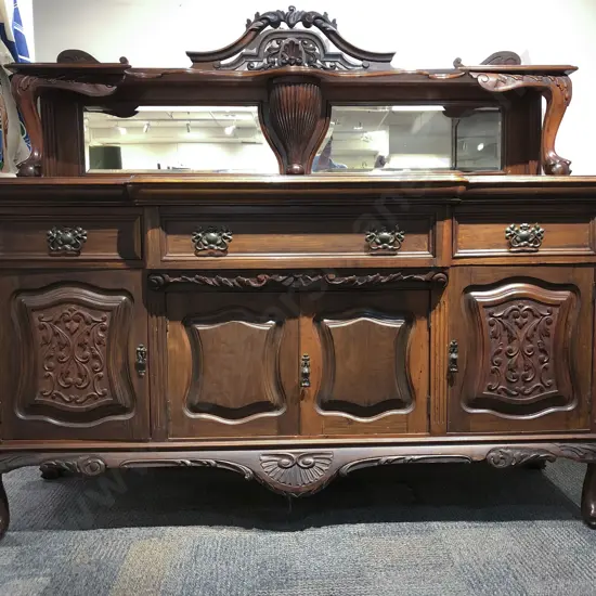 Art Nouveau Walnut Breakfront Mirror Back Sideboard (Borer)
