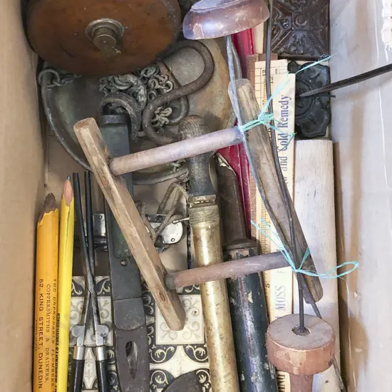 Box of Assorted Vintage Incl. Measuring Implements and Small Hatchet Etc.