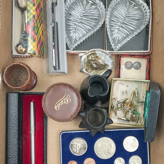 Box of Assorted Incl. Glass Dishes and Commemorative Coins