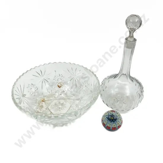 Crystal Decanter and Bowl Together With Art Glass Paperweight