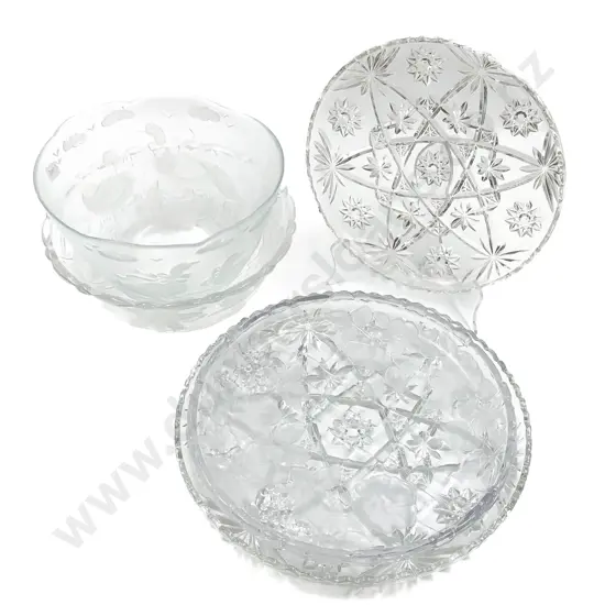 Two Glass Bowls Together With Three Glass Serving Trays