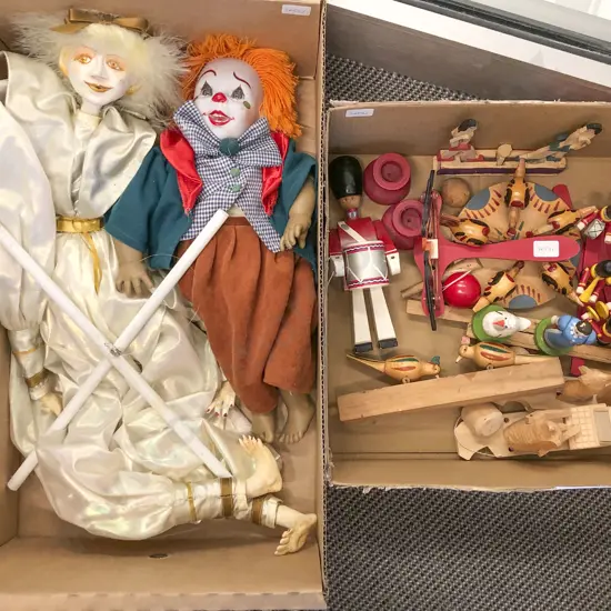 Box of Assorted Wooden Toys Together With Two Clown Dolls