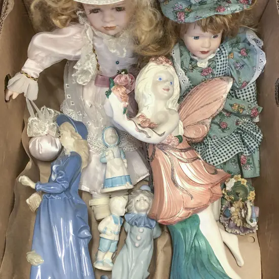 Box of Assorted Dolls and Figurines
