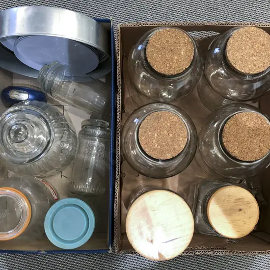 Two Boxes of Assorted Incl. Large Glass Jars and Cake Tin Etc.