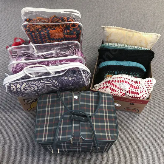 Three Boxes of Assorted Incl. Cushions with Bedding and Blankets together with Tupperware Picnic Hamper