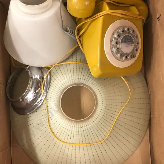 Box of Assorted Incl. Lamp Shades and Vintage Phone