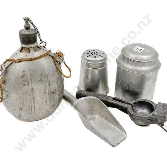 Quantity of Assorted Metal Ware Incl. Flask and Vintage Garlic Press