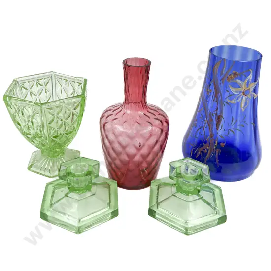 Five Pieces of Assorted Colored Glass Incl. Pair of Candlesticks