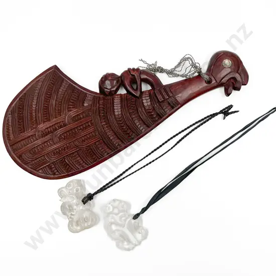 Wooden Patu Ornament Together With Two Plastic Tiki Pendants