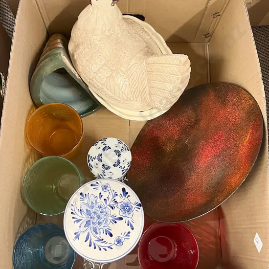 Small Box of Assorted Incl. Colored Glasses Etc.