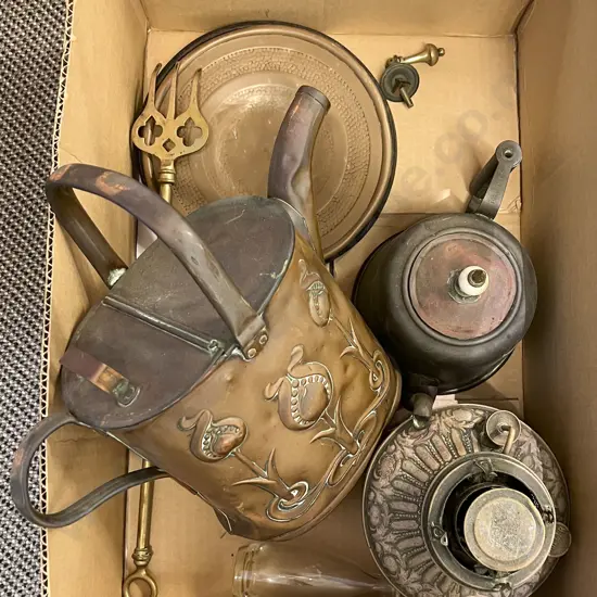 Small Box of Assorted Metalware Incl. Copper Watering Can