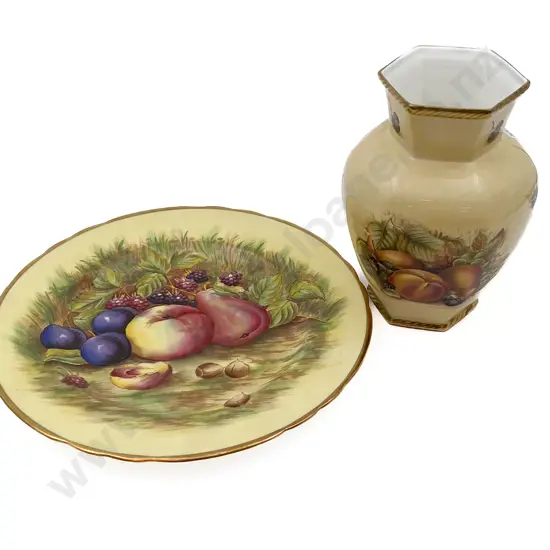 Aynsley "Orchard Gold" Vase Together with Aynsley Fruit Decorated Plate and Art Glass Vase