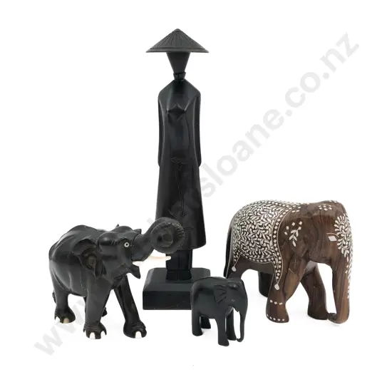 Four Wooden Ornaments Incl. Inlaid Elephant