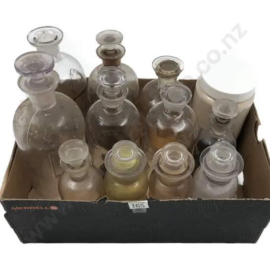Small Box of Assorted Unlabeled Chemist Bottles Etc.