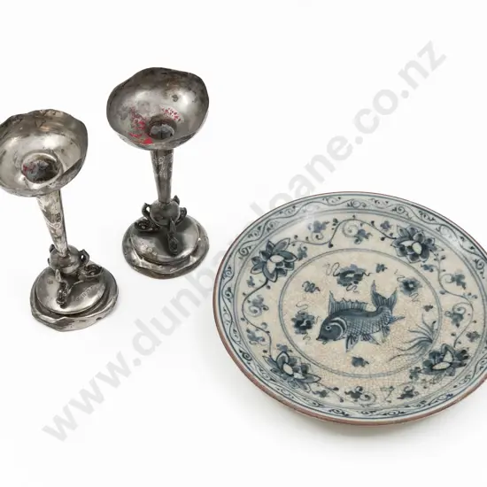 Two S/S Specimen Vases with Blue & White Plate