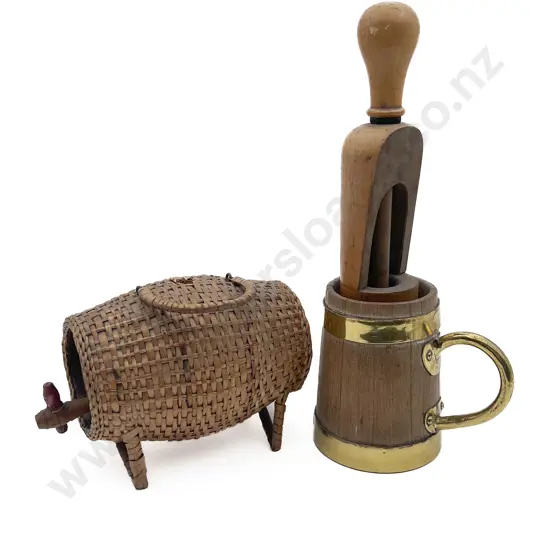 Small Wicker Barrel With Wooden and Brass Tankard and Wooden Bottle Opener