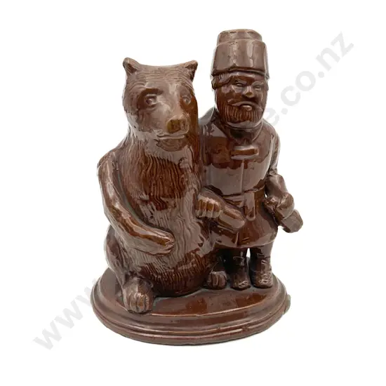 European Brown Glazed Man and Bear Ceramic Decanter