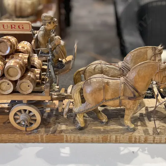 Large German Wooden Carved Brewers Cart and Horses for Holsten Hamburg