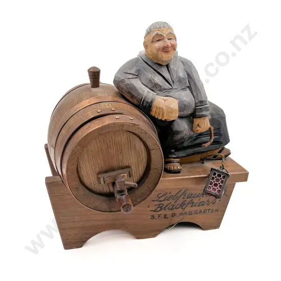 German Carved Monk and Barrel on Stand