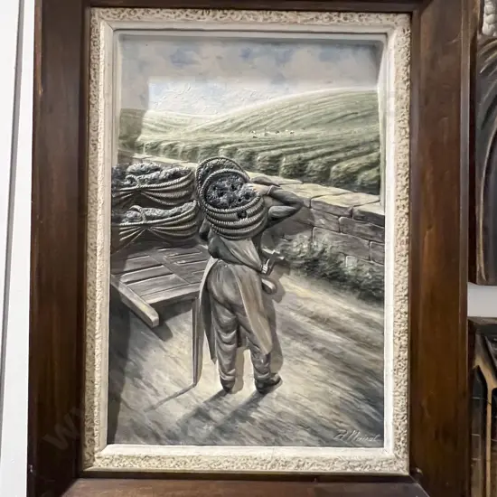 R. Moirot - Painted Relief Work of Man Carrying Grapes