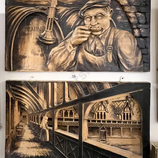 Two Wooden Carved Relief Works by R. Mariot