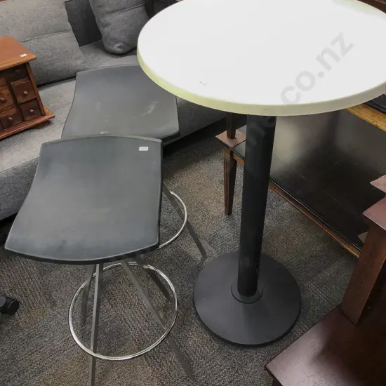 Pair of Modern Swivel Bar Stools Together With Tall Circular Occasional Table