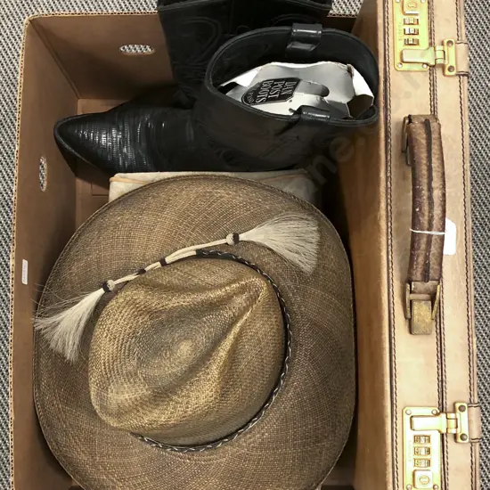 Box of Assorted Including Cowboy Boots and Vintage Make-Up Bag