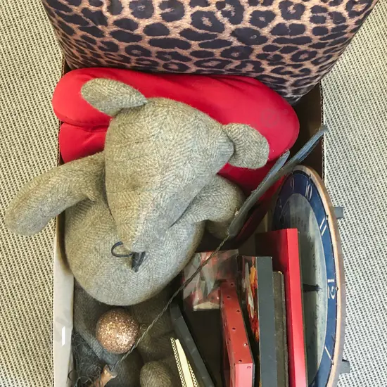 Box of Decorative Homewares Including Photo Frames and Teddy Bear