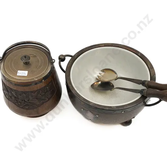 Vict Oak Biscuit Barrel, Salad Bowl & Servers