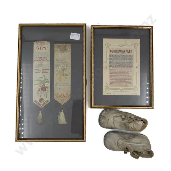 Two Vintage Framed Embroideries & Booties