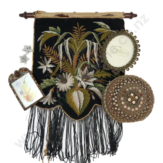 Two Decorative Photo Frames With Vintage Beaded Hat & Banner