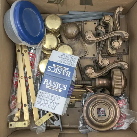 Box of Assorted Copper & Brass Door Fittings