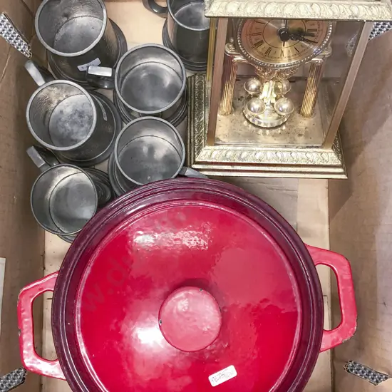 Box of Assorted incl Pewter Tankards & Cast Iron Casserole Dish