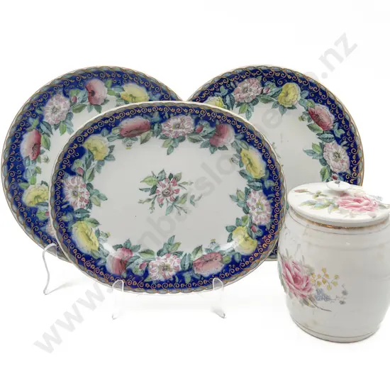 Three 'Rose Wreath" Stoneware Plates & Biscuit Barrel
