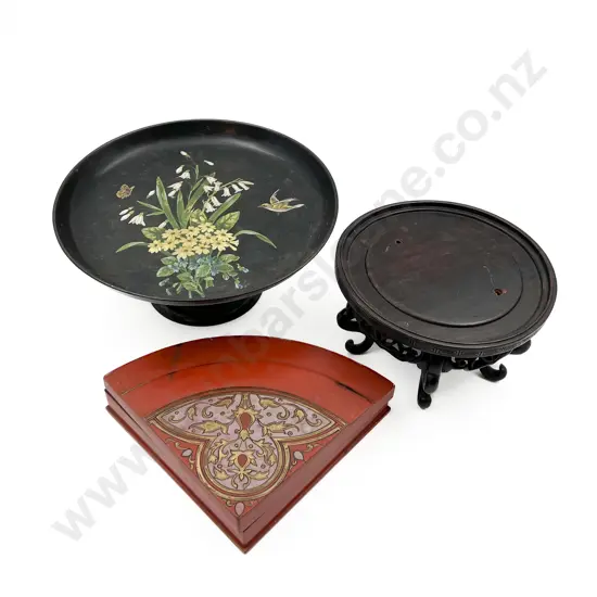 Lacquer Hand Painted Comport Together with Jewellery Box & Vase Stand (faults)