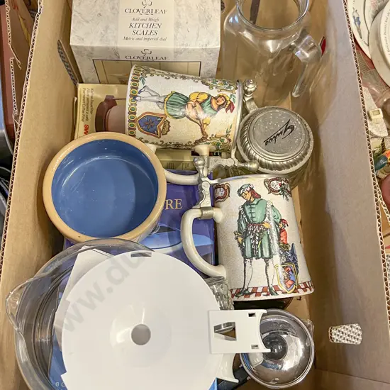Box of Assorted Kitchenware & Decorative Tankards