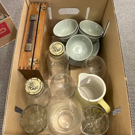 Box of Assorted incl Glassware & Painters Box